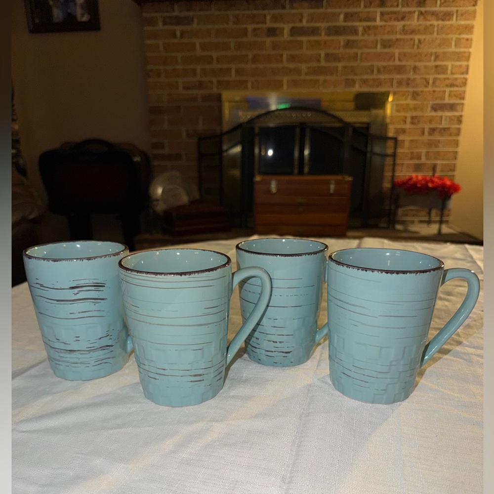 LOT OF 4- 12 OZ LORREN HOME TRENDS BLUE BROWN DISTRESSED WEAVE COFFEE MUGS